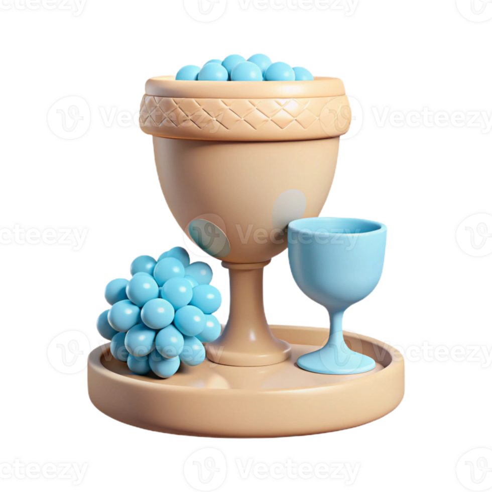 3D Render of a Stylized Goblet, Wine Glass, and Grapes on a Tray png
