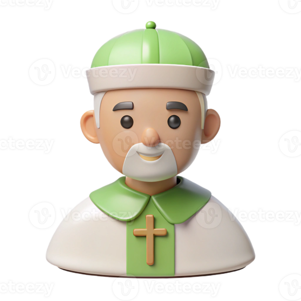 3D Cartoon Character of a Priest with a White Beard and Green Hat png