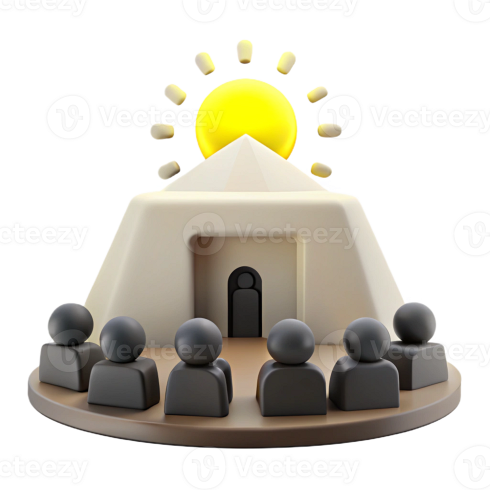 Group of People Gathered Around a Pyramid Shaped Structure with Sun Shining Above png