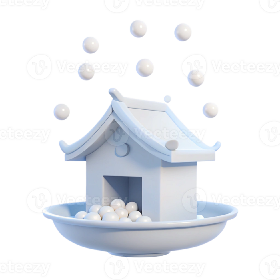 White 3D Render of a House with Spheres Falling in a Bowl png