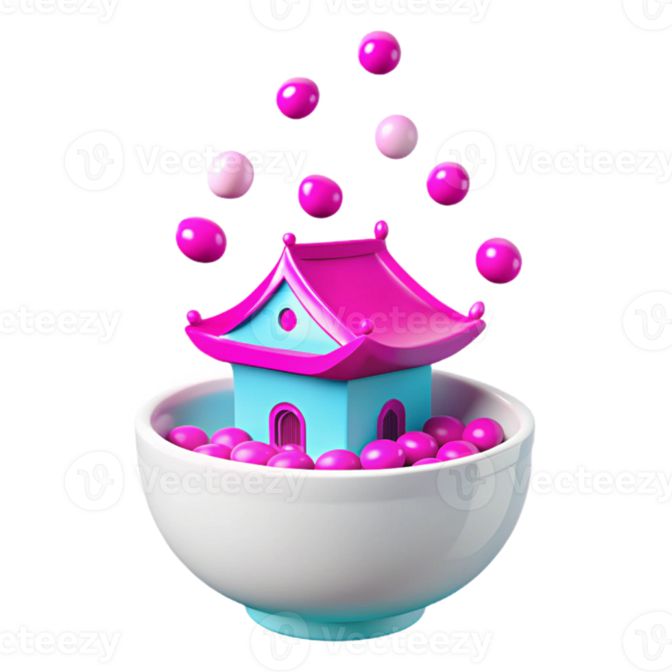 Pink and Blue 3D House in a Bowl with Floating Spheres png