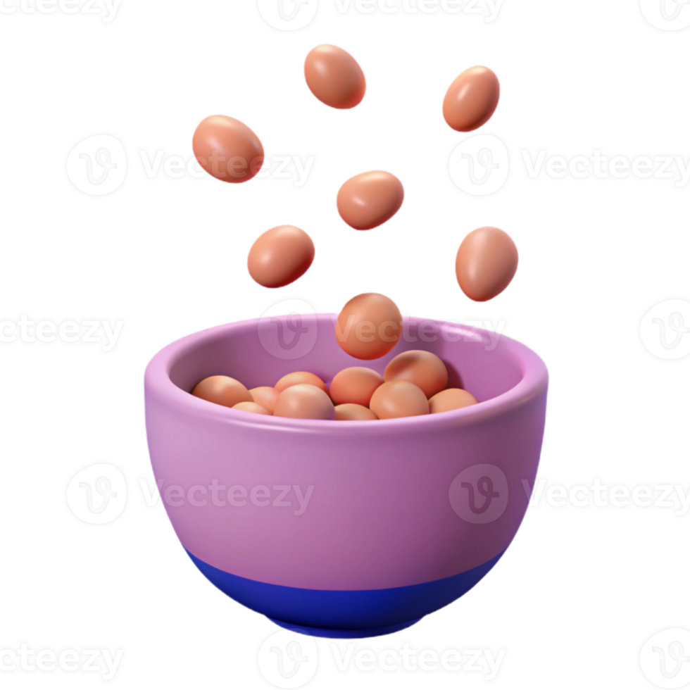 3D Rendered Bowl of Eggs with Eggs Falling In png