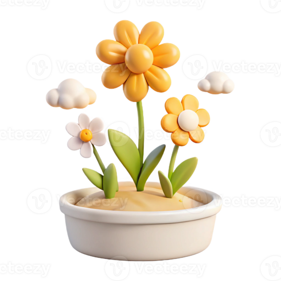 3D Rendered Flower Pot with Yellow and White Flowers png