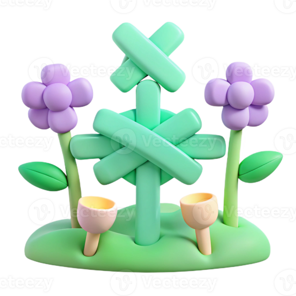 3D Render of a Cute Garden with Flowers and a Cross-Shaped Plant png