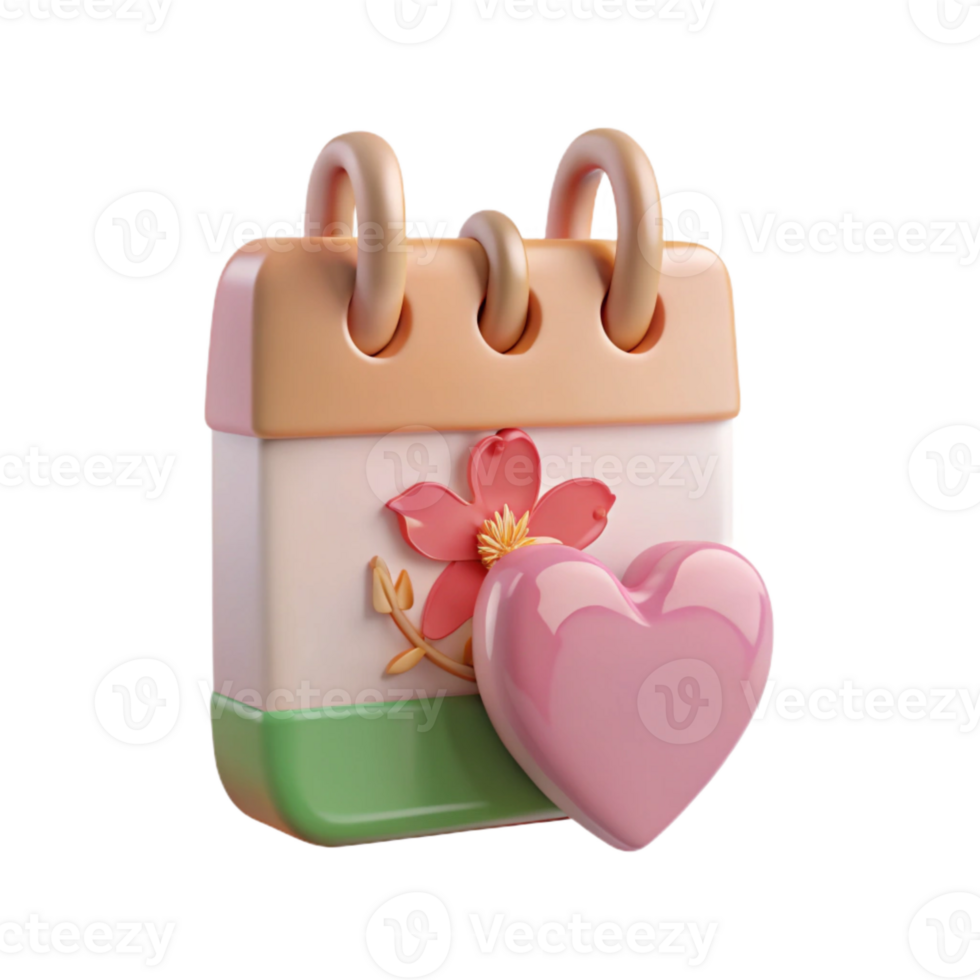 Calendar with Flower and Heart 3D Illustration png