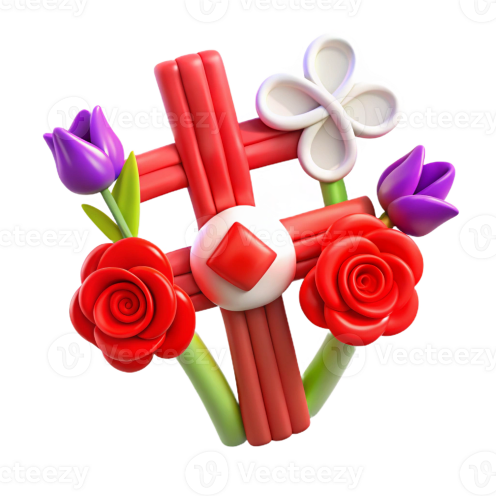 3D Floral Design with Red Cross and Flowers png