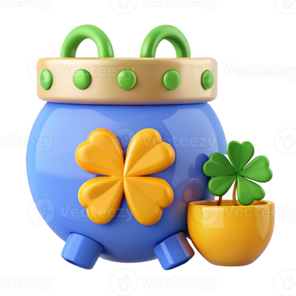 3D Render of a Pot with a Four-Leaf Clover png
