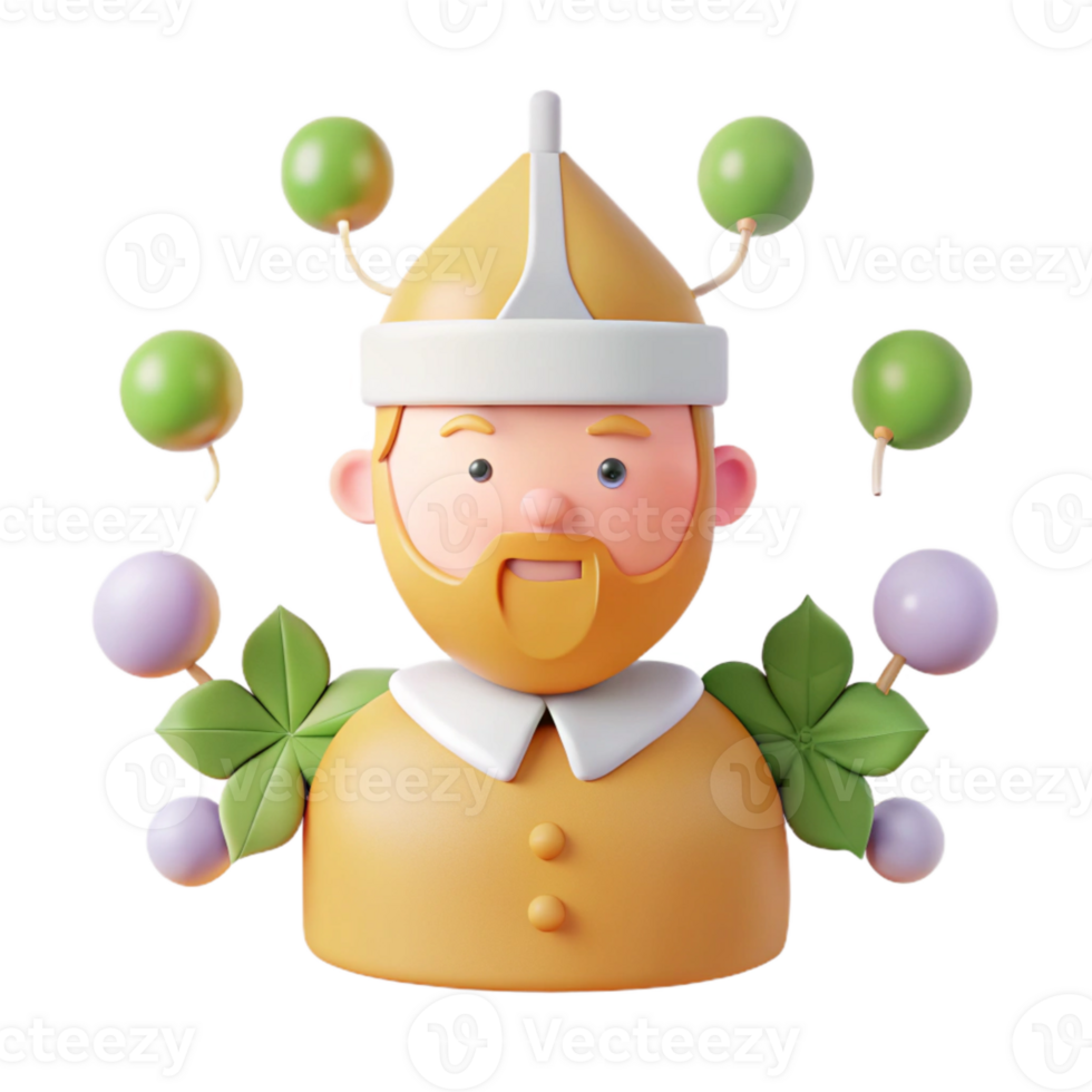 Smiling Cartoon Character with Green and Purple Balls and Leaves png