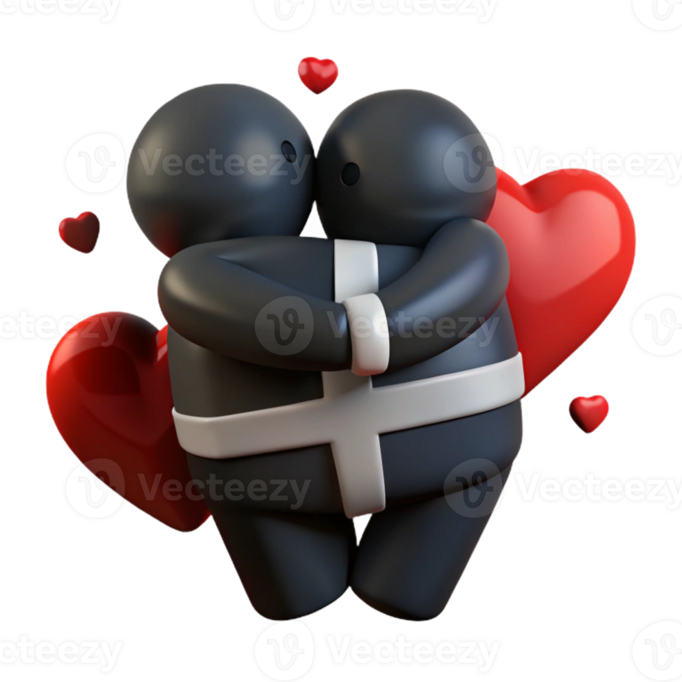 Couple Embracing, Surrounded by Hearts - 3D Render png
