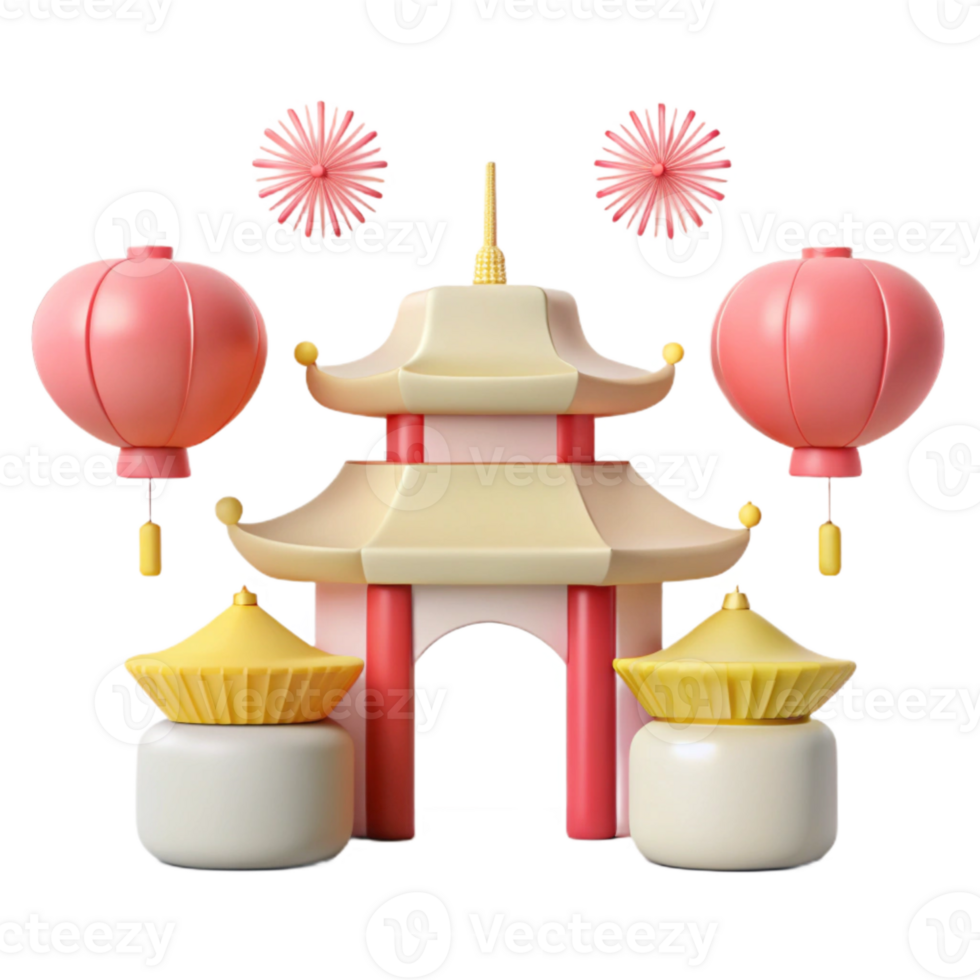 3D Render of a Pagoda with Lanterns and Flowers png