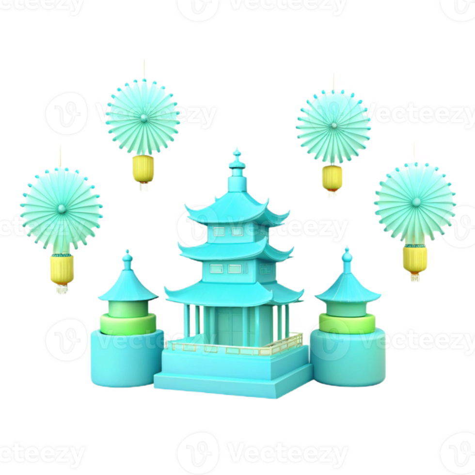 Blue Pagoda with Hanging Lanterns png