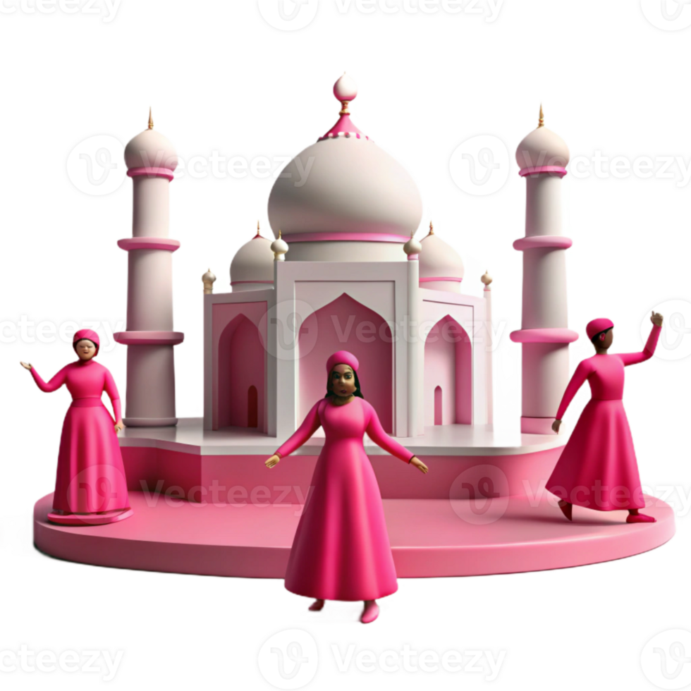 3D Render of Women in Pink Dresses in Front of a Mosque png