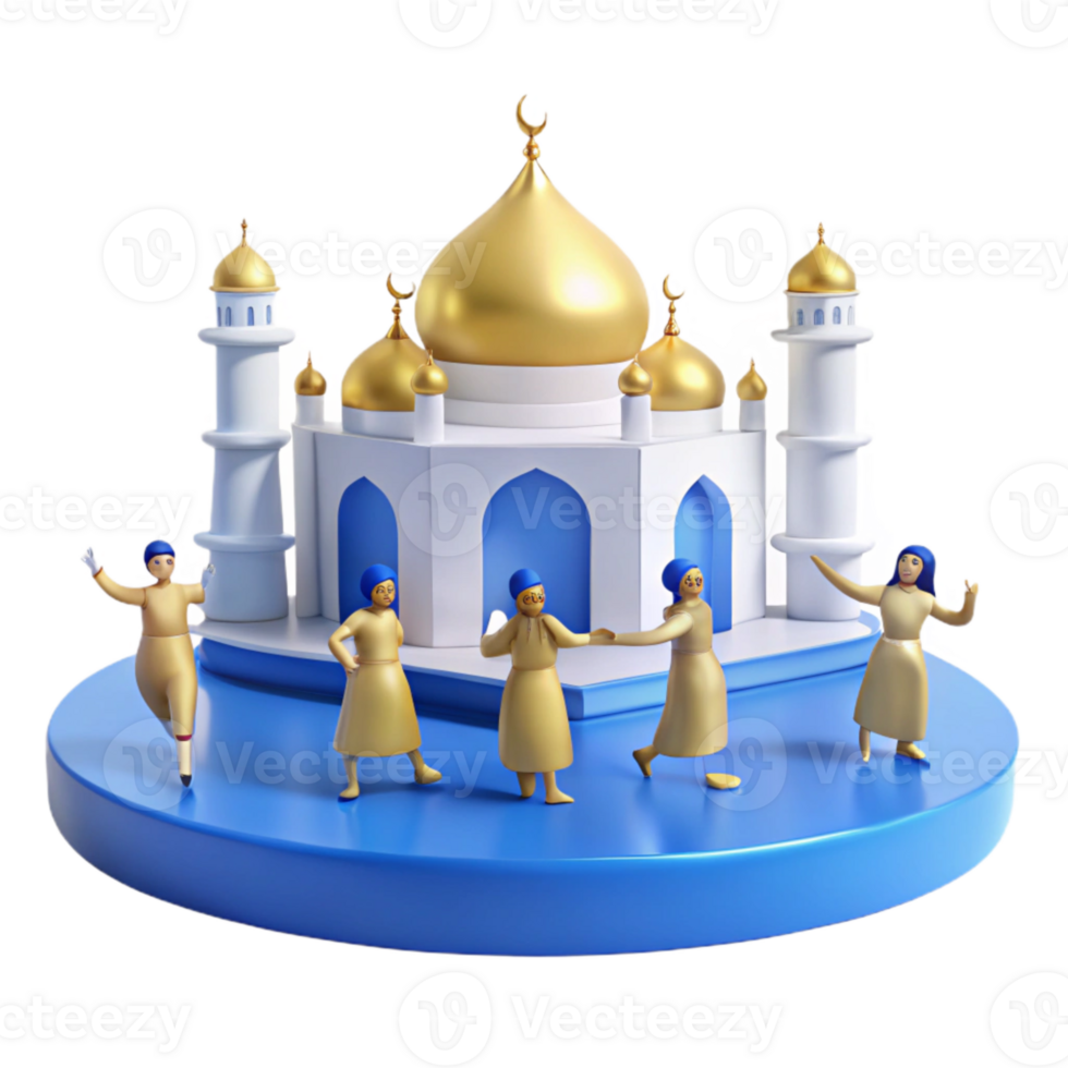 3D Illustration of People Dancing in Front of a Mosque png