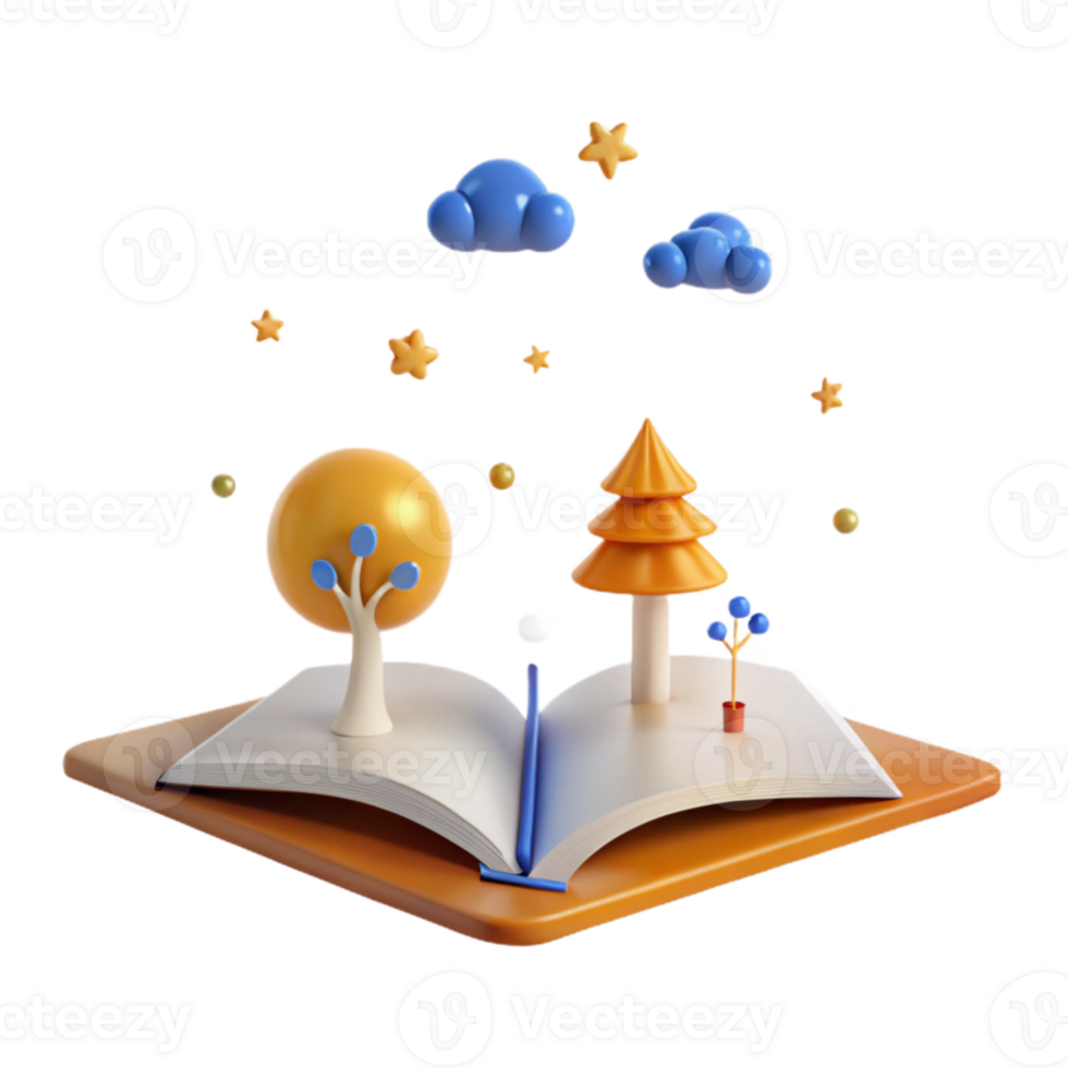 3D Rendered Open Book with Trees and Clouds png