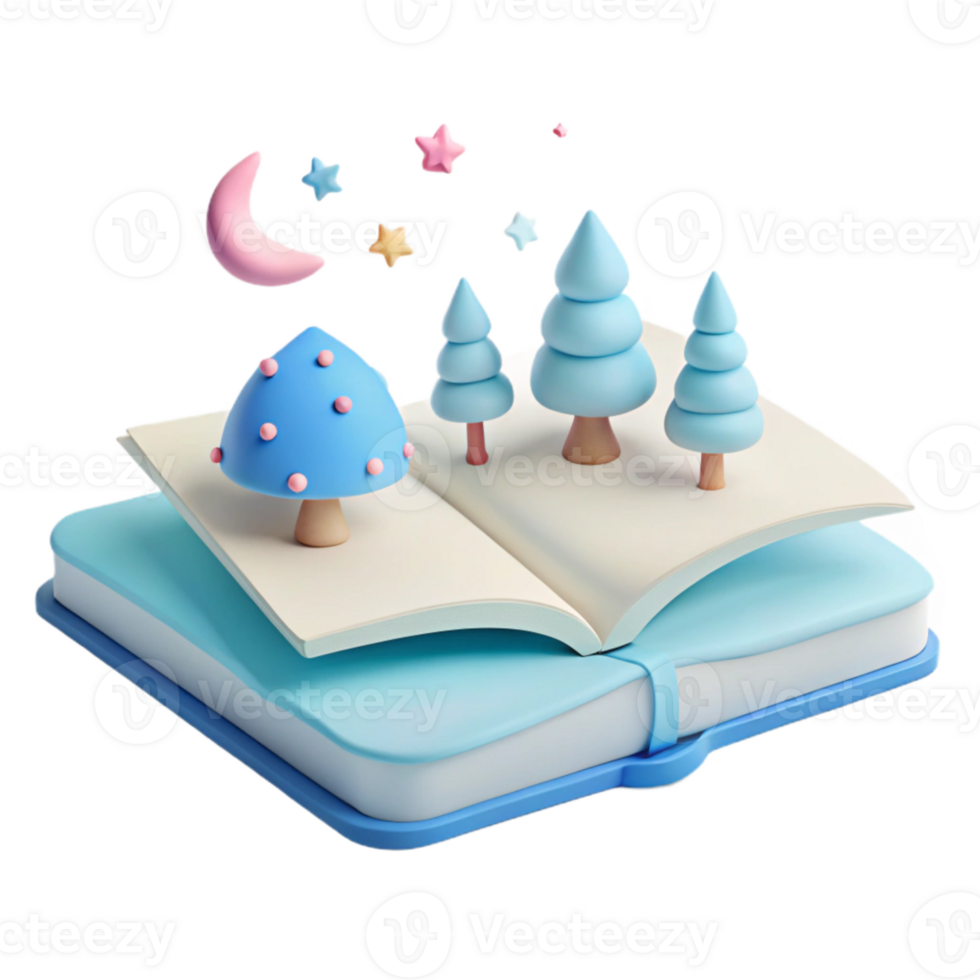 3D Rendered Book with Forest Scene and Stars png