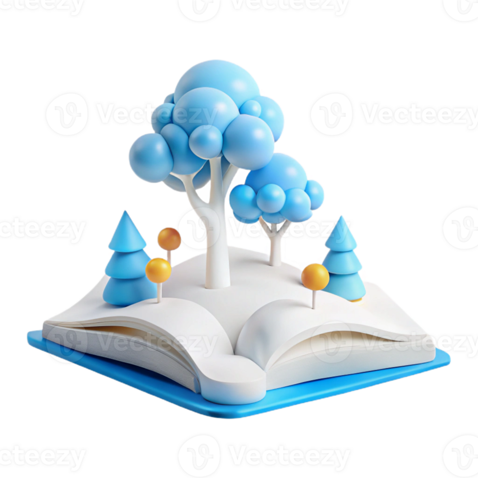 3D Render of an Open Book with a Forest Scene png