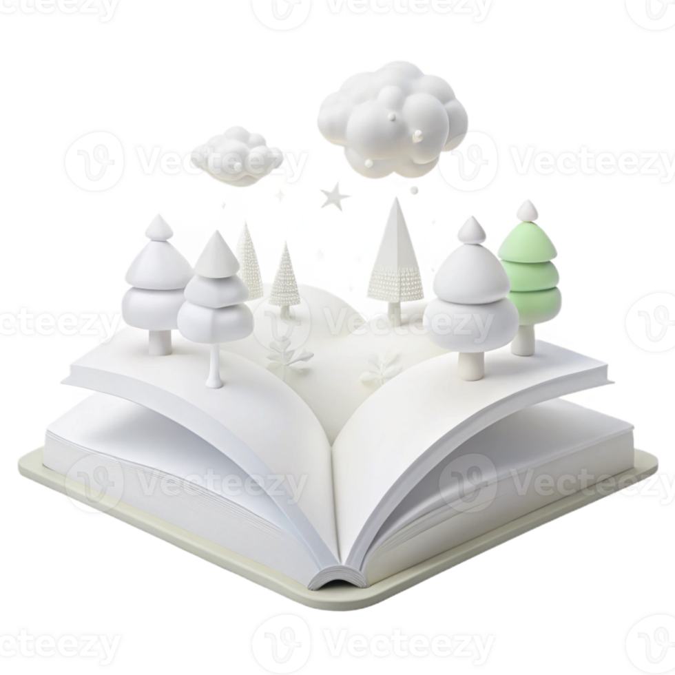 Open Book with 3D Forest and Clouds png
