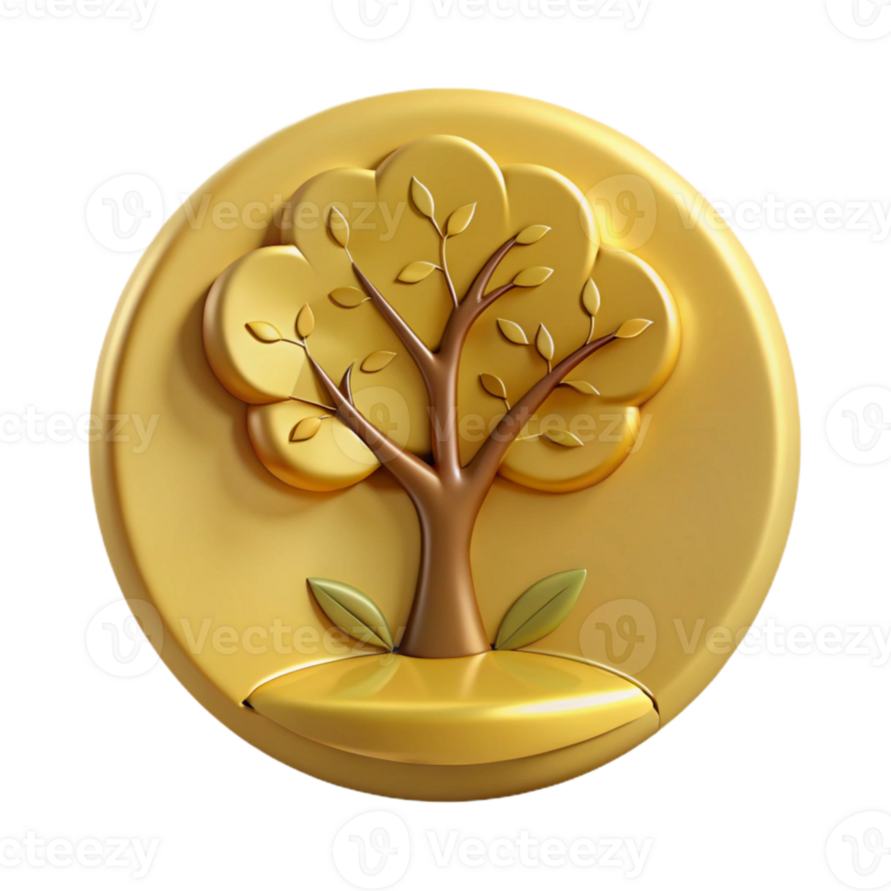 Golden 3D Tree Icon with Leaves and Branches png