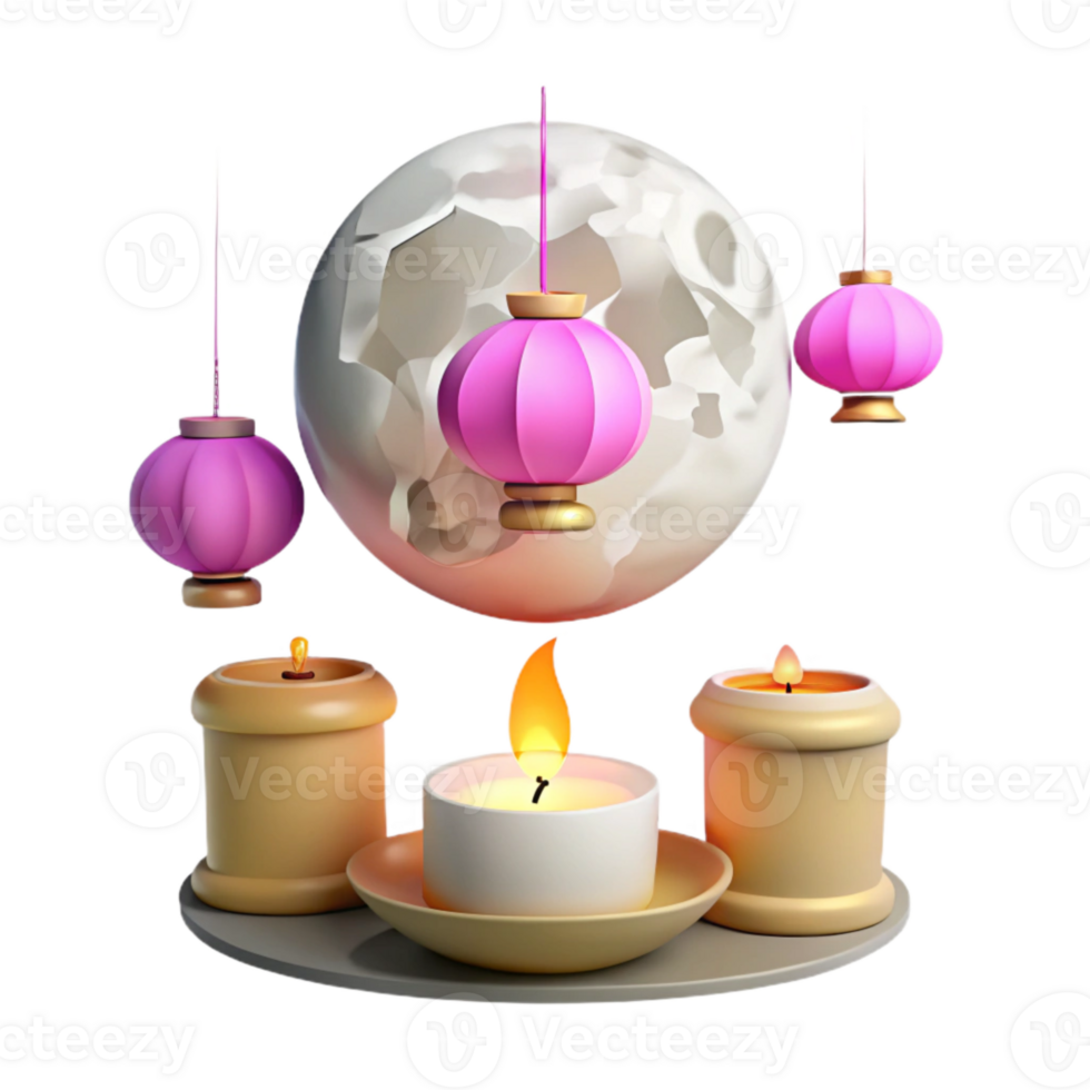 3D Render of Pink Lanterns and Candles with a Moon png