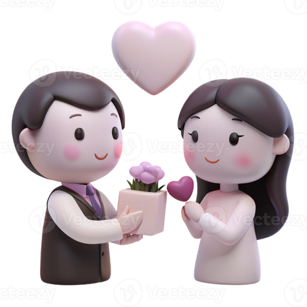 Cute Couple Illustration with Flowers and Heart png