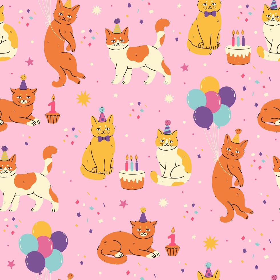 Seamless pattern with cats celebrating birthday. graphics. vector