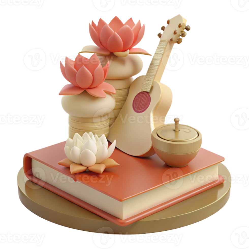 3D Rendered Still Life with Book, Flowers, and Guitar png