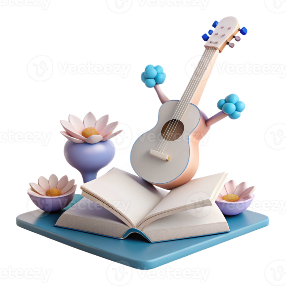 Open Book, Guitar, Flowers, 3D Illustration png