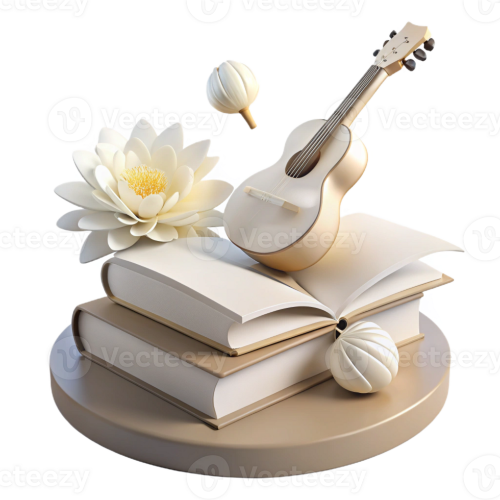 Guitar, Book, and Flower 3D Render png