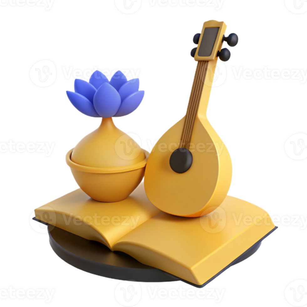 3D Render of a Book, a Lute and a Flower png