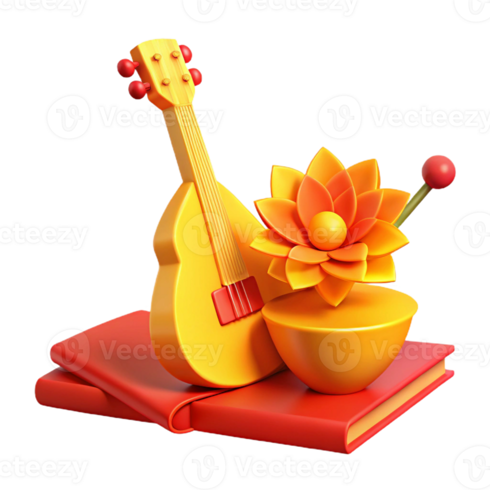 3D Rendered Still Life with Guitar, Flower, and Book png