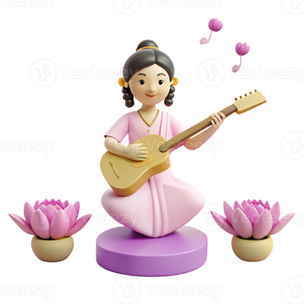 3D Illustration of a Woman Playing Guitar with Lotus Flowers png