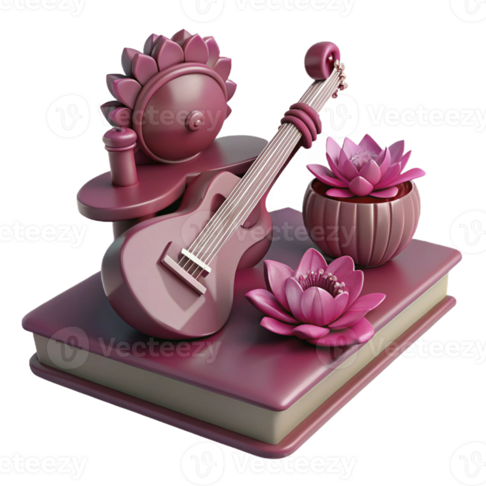 Pink Guitar, Lotus Flowers, and Book Still Life png