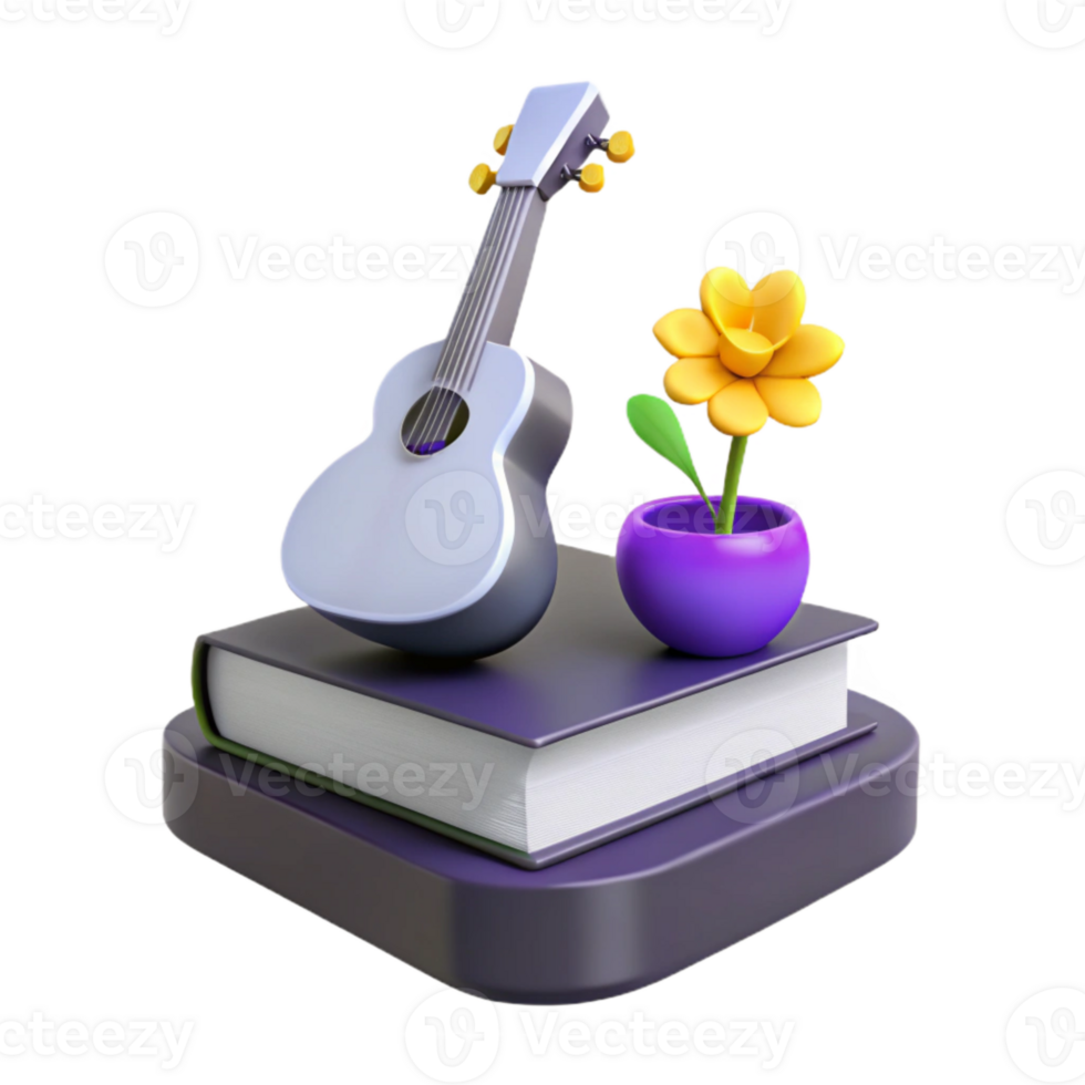 3D Render of a Book, a Guitar, and a Flower png