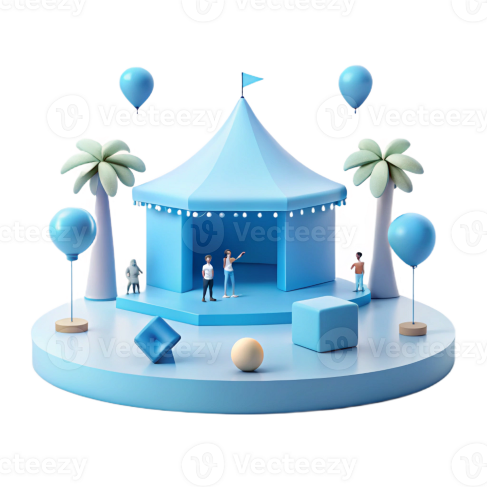 3D Render of a Summer Festival Scene with a Tent, Palm Trees, and Balloons png