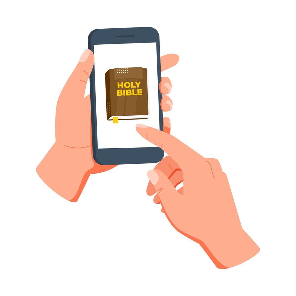 Hands holding smartphone with holy bible app on screen vector