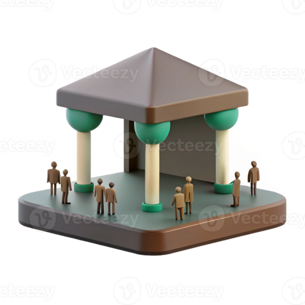 3D Render of a Small Building with Pillars and People png