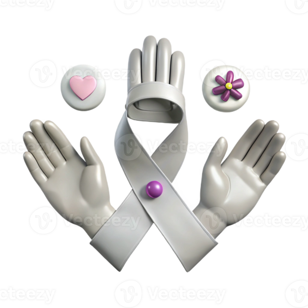 3D Rendered Hands Holding White Ribbon, Heart, and Flower png