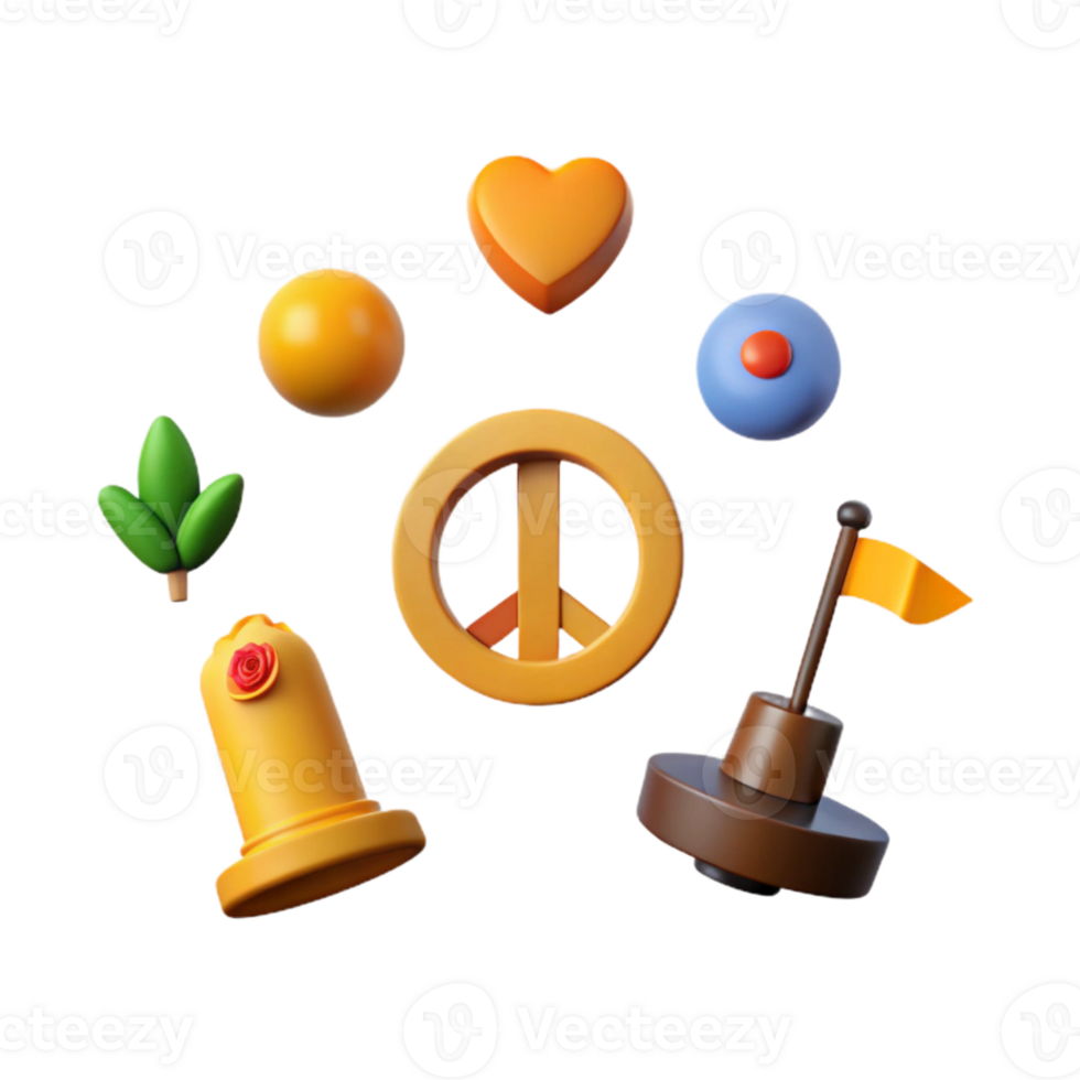 3D Rendered Symbols of Peace, Love, and Unity png