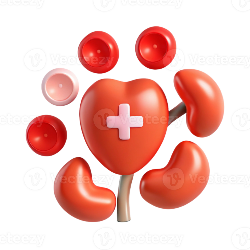 3D Illustration of Human Organs Heart, Kidneys, and Cells png