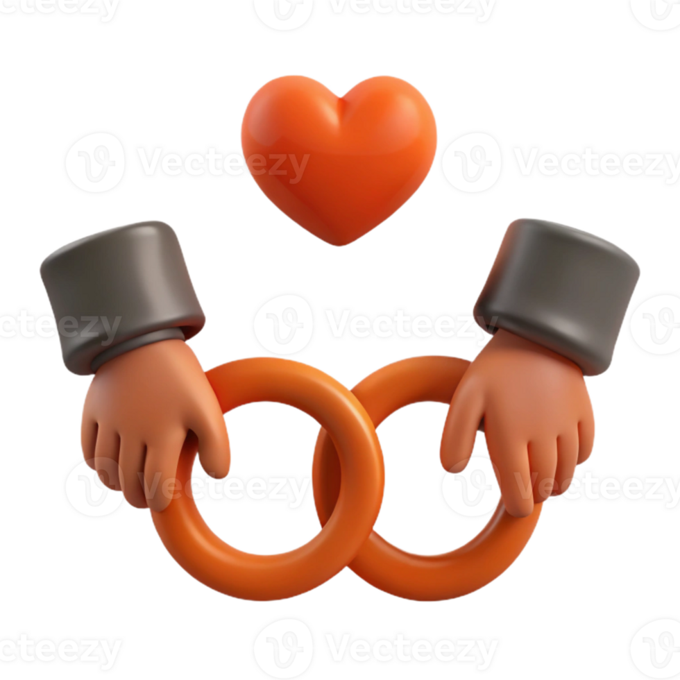 3D Rendered Illustration of Two Hands Holding Interlocking Rings with a Heart Above png