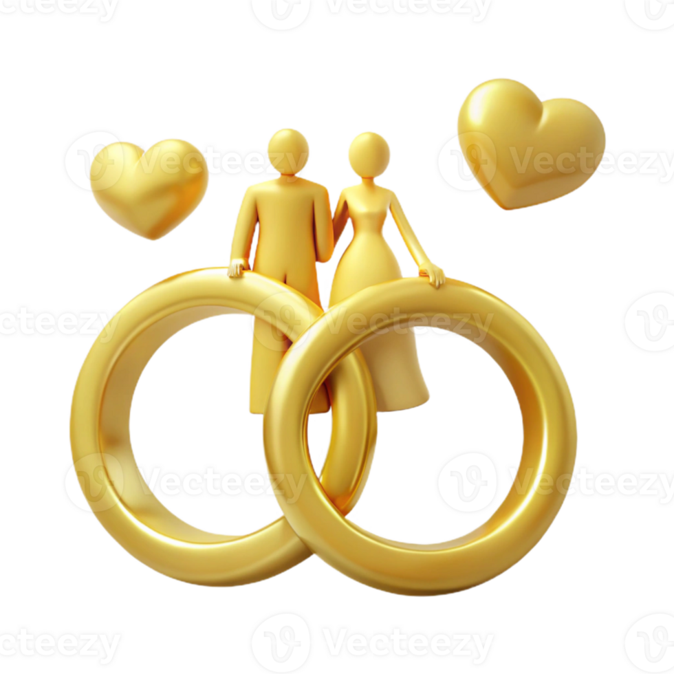 Golden Couple Standing on Intertwined Rings with Hearts png