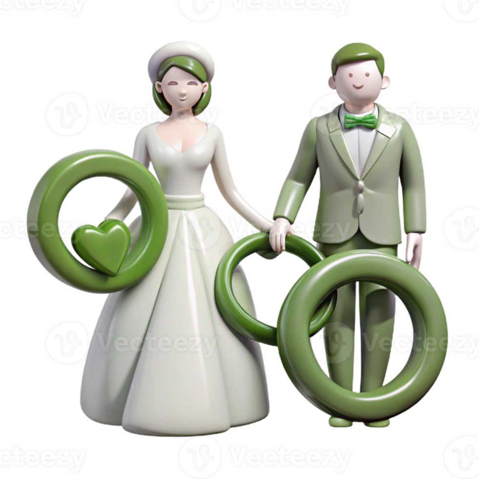 3D Couple Holding Green Rings with Heart png