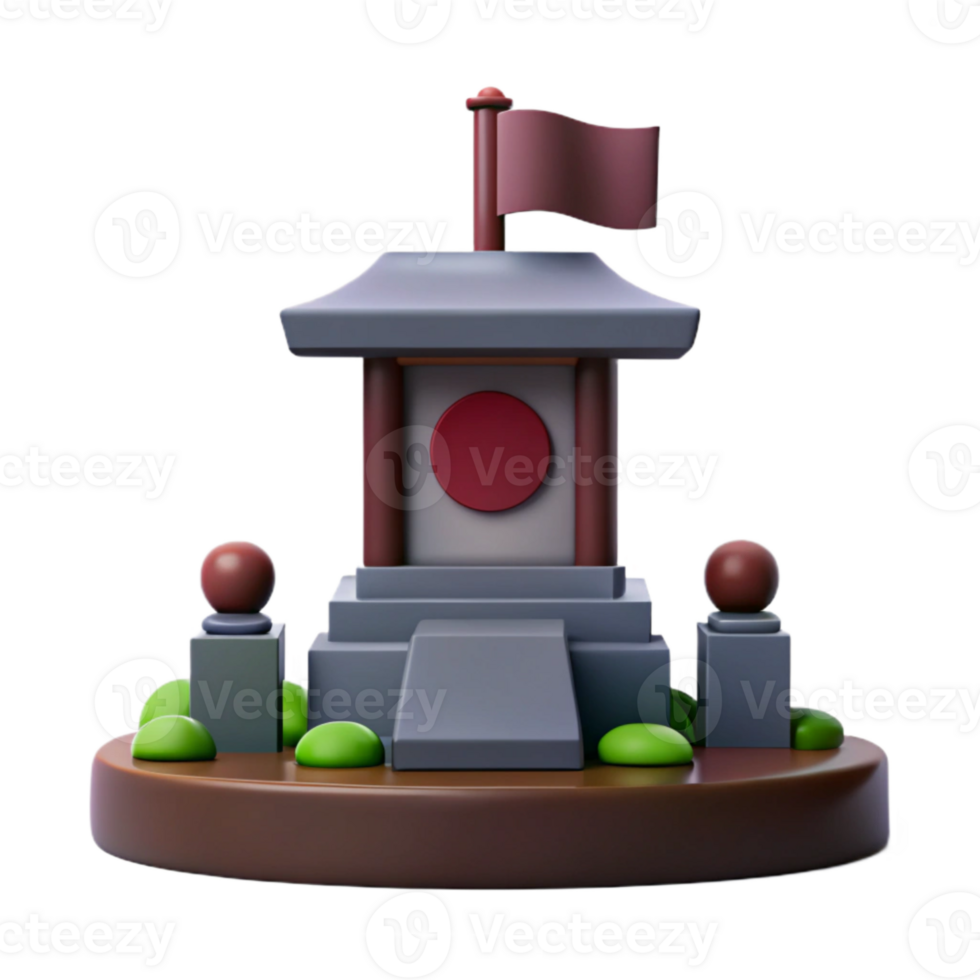 3d modelo do uma tradicional ásia pagode com vermelho círculo e bandeira png