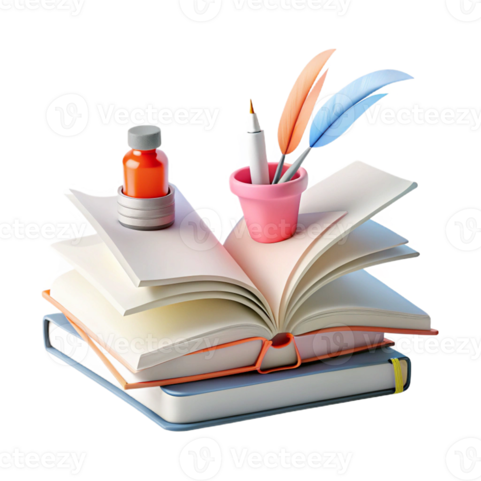 Open Book with Inkwell and Quill Pens png