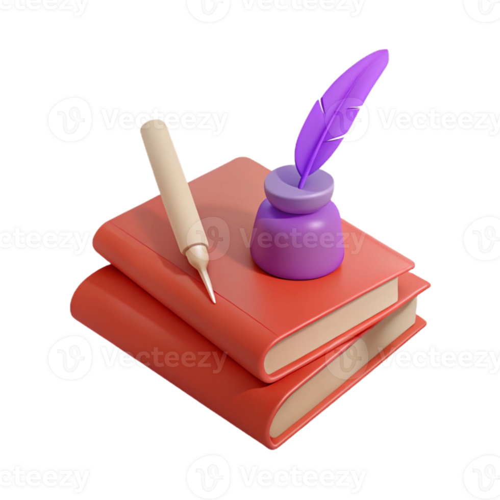 3D Render of Books, Quill Pen, and Inkwell png