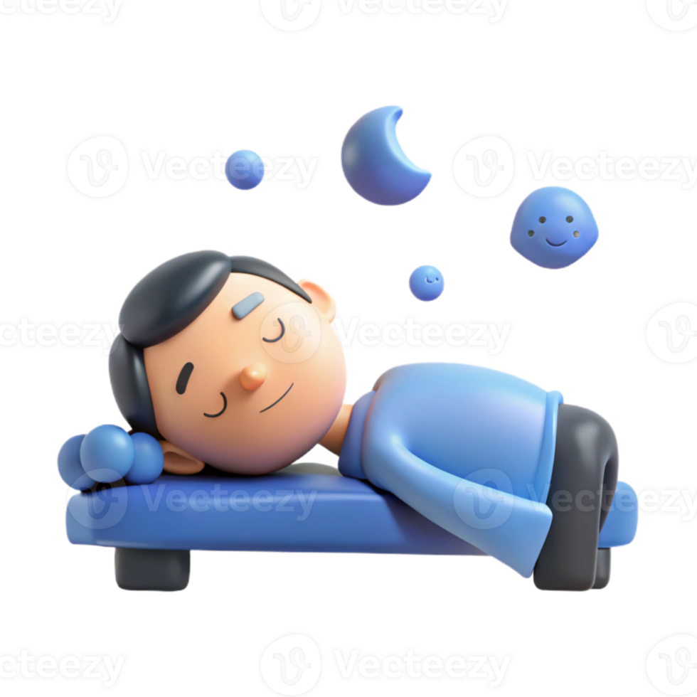 3D Character Sleeping on a Bed with a Crescent Moon and Stars png