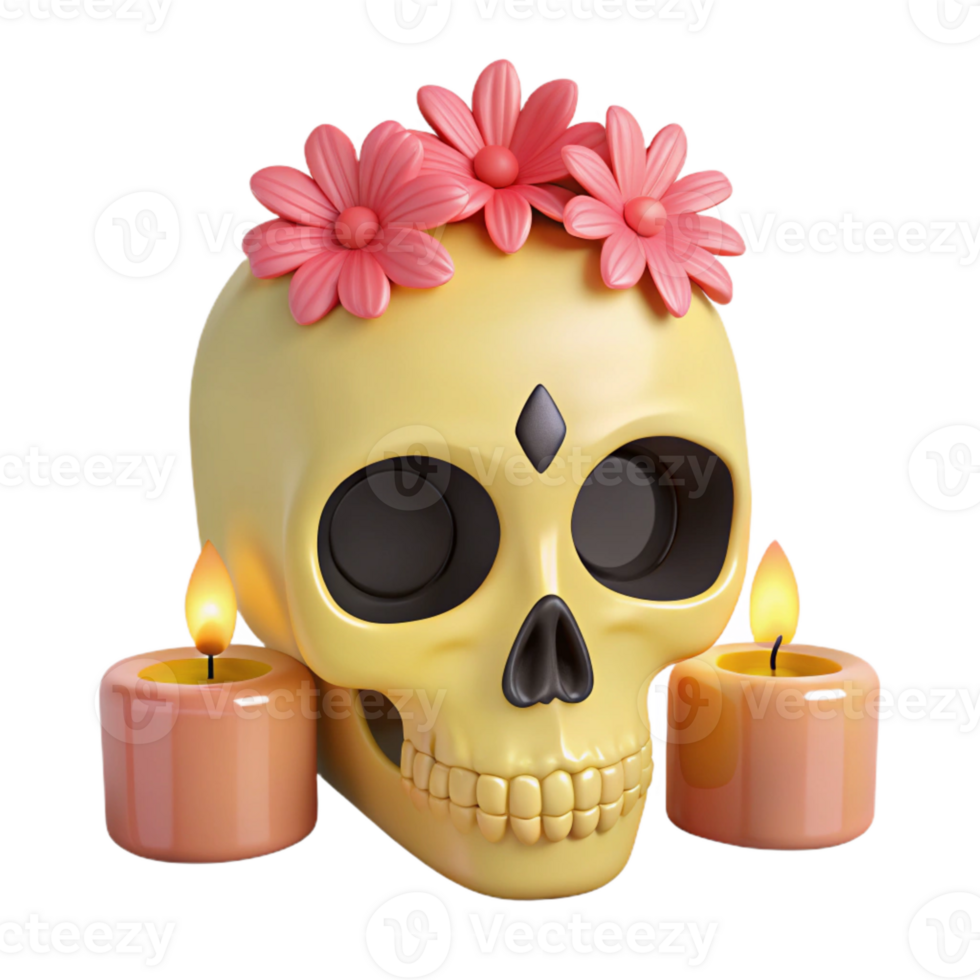 3D Rendered Skull with Flowers and Candles png