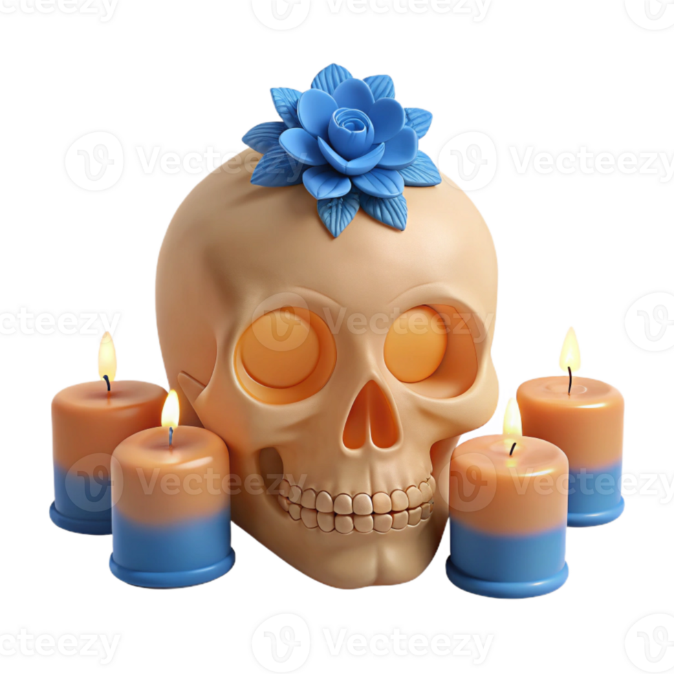Sugar Skull With Blue Flower and Candles png