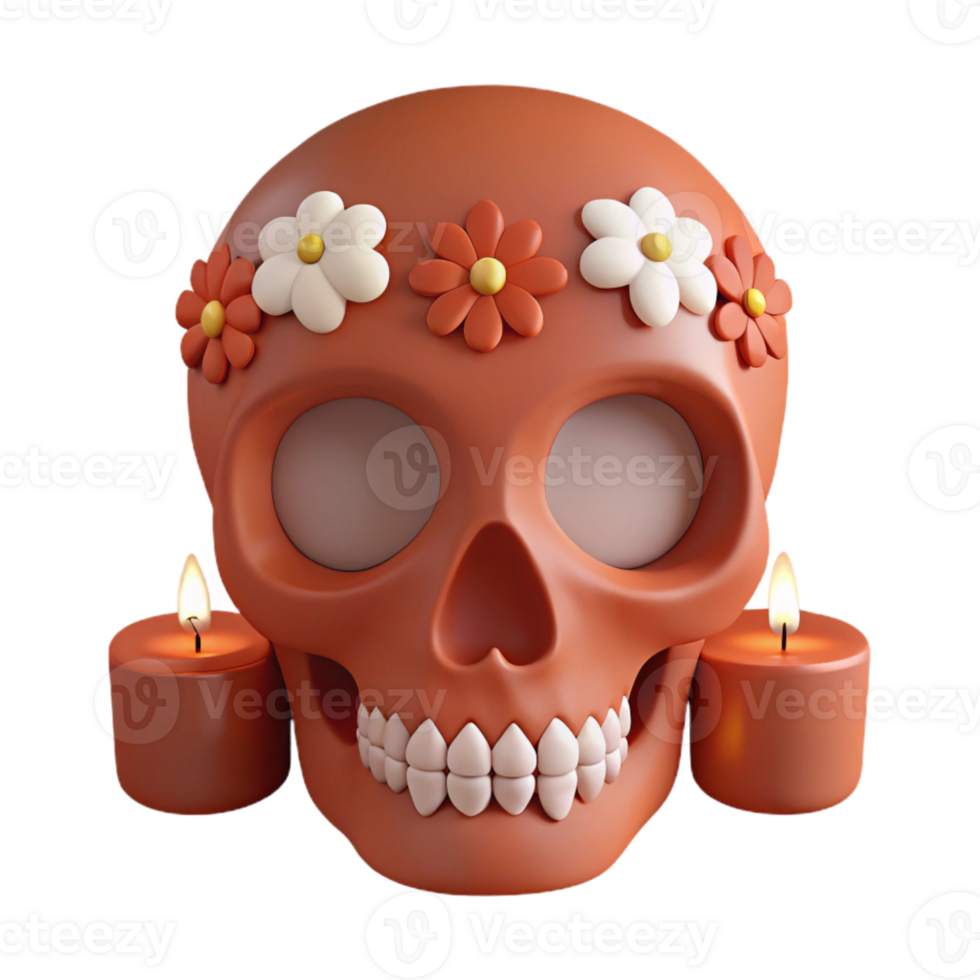 3D Rendered Sugar Skull with Flowers and Candles png