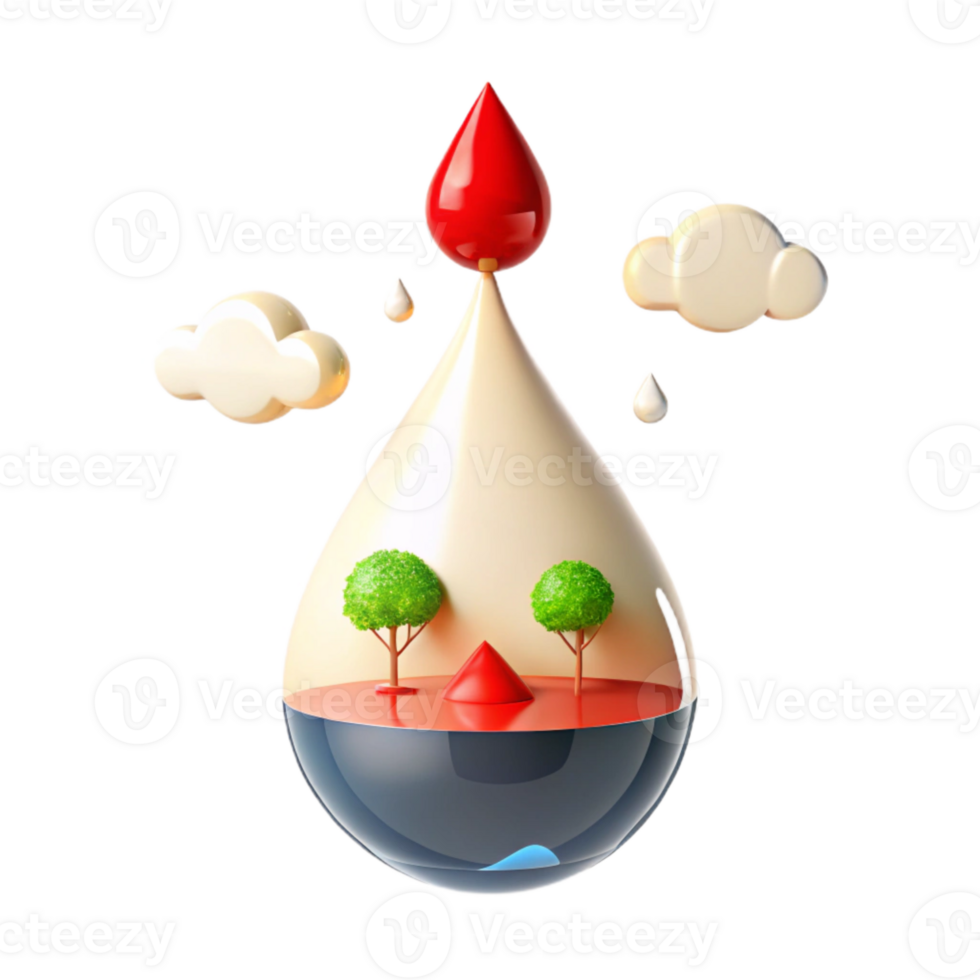 3D Illustration of a Water Droplet with Trees, Clouds, and a Red Drop png